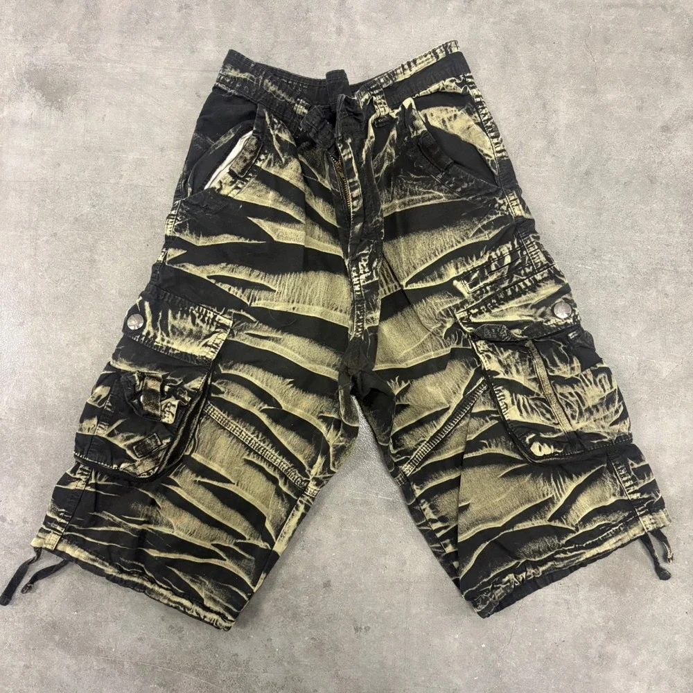 Jerky Style & Classic Mens Tiger Stripe Acid Wash Cargo Shorts Black Tan 34